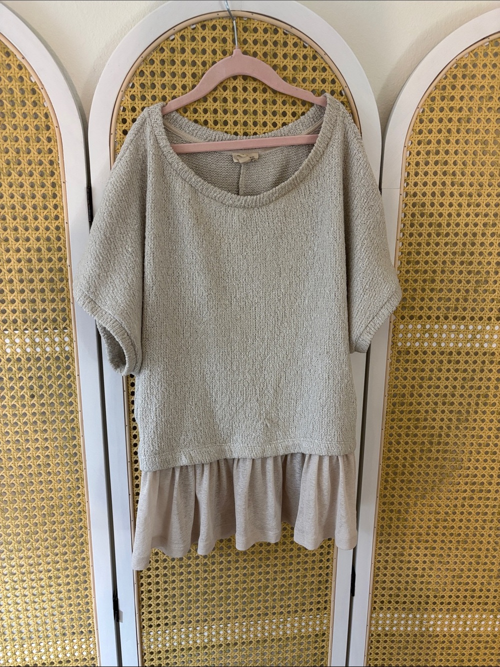 Casual Textured Short Sleeve Top with Ruffle Hem - Cream